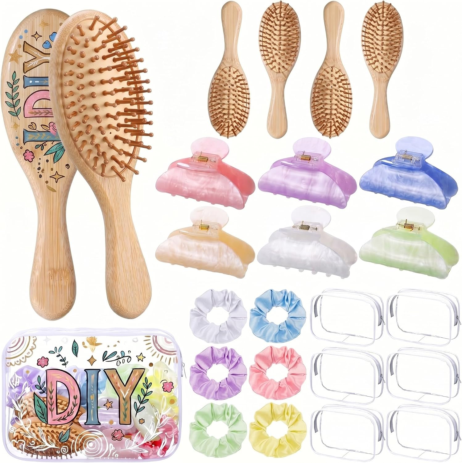 Domensi 24Pcs Spa Sleepover Party Favors Supplies for Women Trip Weekend Gifts Bamboo Hairbrush Scrunchie Hair Clip Makeup Bag for Bachelorette Bridal Shower Summer Slumber DIY Decorating(Colorful)