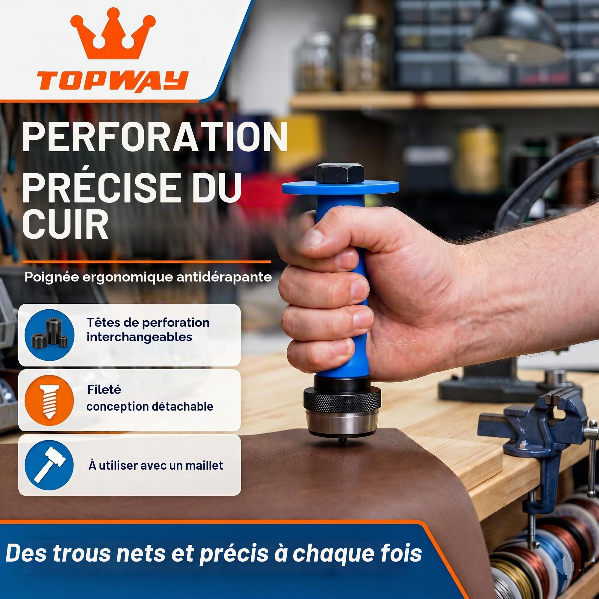 TOPWAY Ensemble de Poinçons Creux 14 Pièces, Coupe Perforateurs en Cuir Professionnel de 5-35mm avec Poignée de Serrage pour Ceinture de Travail du Cuir Joints en Caoutchouc Bracelet de Montre