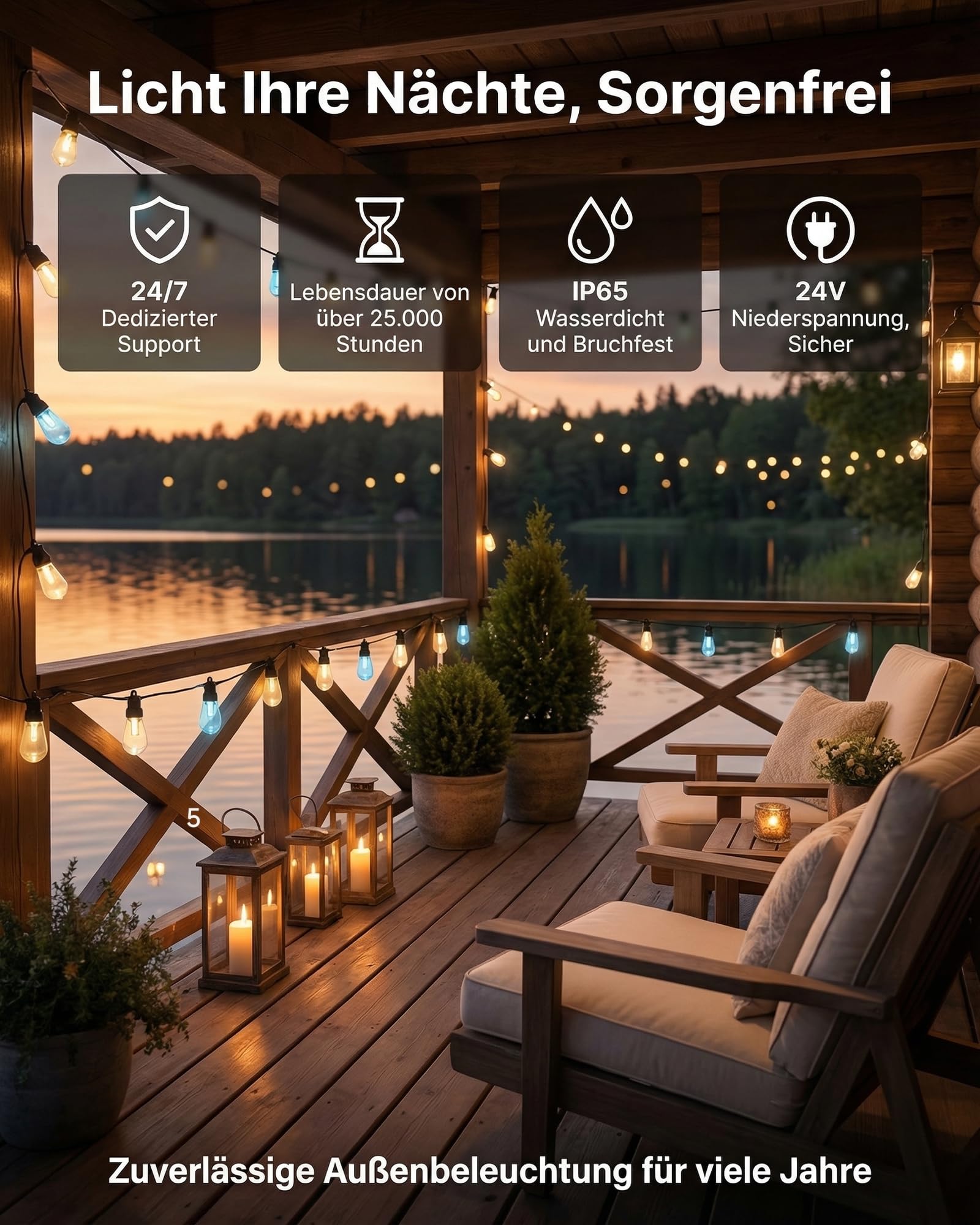 RGBW Lichterkette Außen 15M mit 20 LED Lampen,Smart Gartenbeleuchtung mit App & Fernbedienung,Musik Synchronisation,Dimmbar,Timer,IP65 Wasserdicht,Farbwechsel für Balkon,Terrasse & Pergola