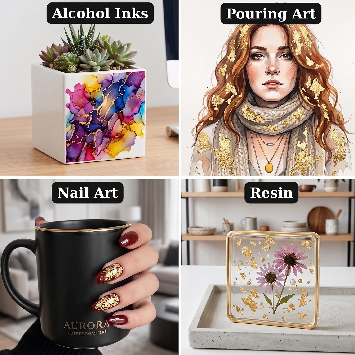 Metallic Foil Flakes Kit, 3-Color Variety Pack (Gold, Silver, Copper) with Gilding Adhesive and Varnish, Imitation Leaf for Resin Art, Painting, Crafts, Sealer and Tools Included