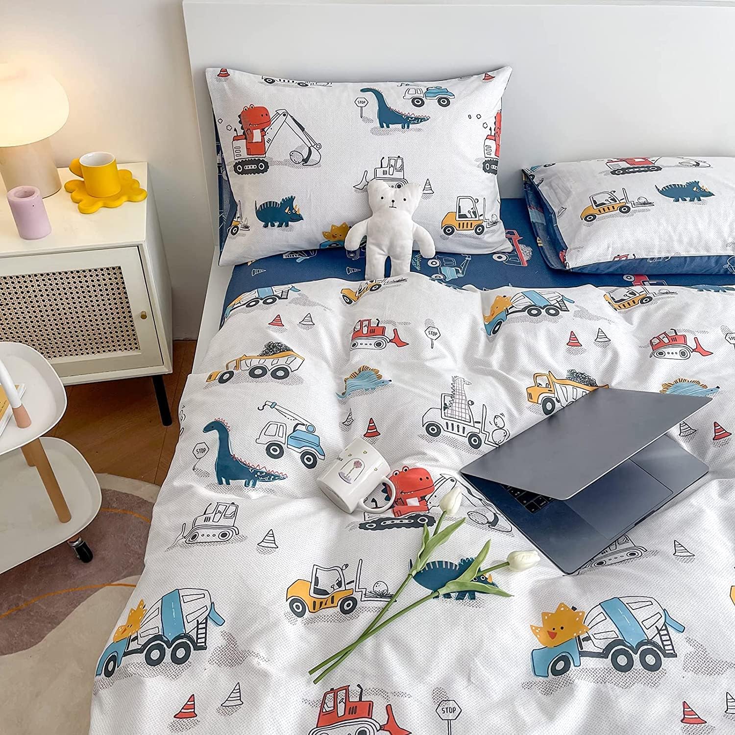 DJY Dinosaur Kids Duvet Cover Set Full Size, 100% Cotton Dino Truck Car Bedding Set for Boys Girls, 3 Pieces Reversible Dinosaur Comforter Cover Set, 1 Duvet Cover+2 Pillowcases, No Comforter - Image 7