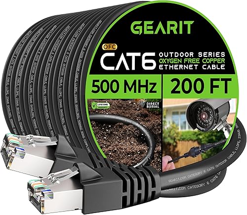 GearIT Cable Ethernet Cat6 para exteriores (200 pies), cobre puro 23 AWG, FTP, LLDPE, impermeable, entierro directo, en tierra, resistente a los