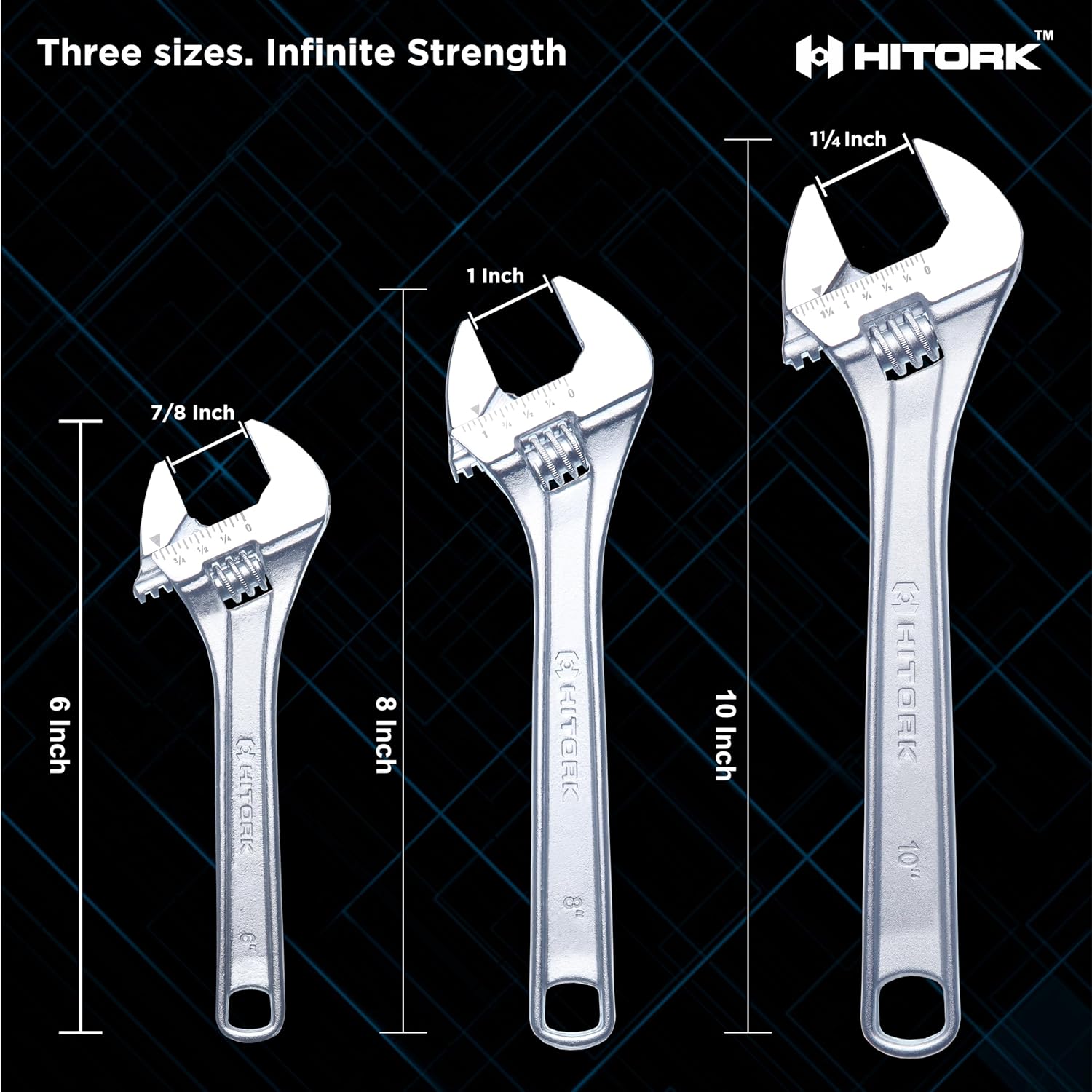 Hitork 3-Piece Adjustable Wrench Set 6-Inch, 8-Inch, 10-Inch, Chrome-Plated Cr-V Steel, Wide Opening Jaws, Laser Etched SAE & Metric Scale, Polished Head, Smooth Knurl, Roll Pouch Included