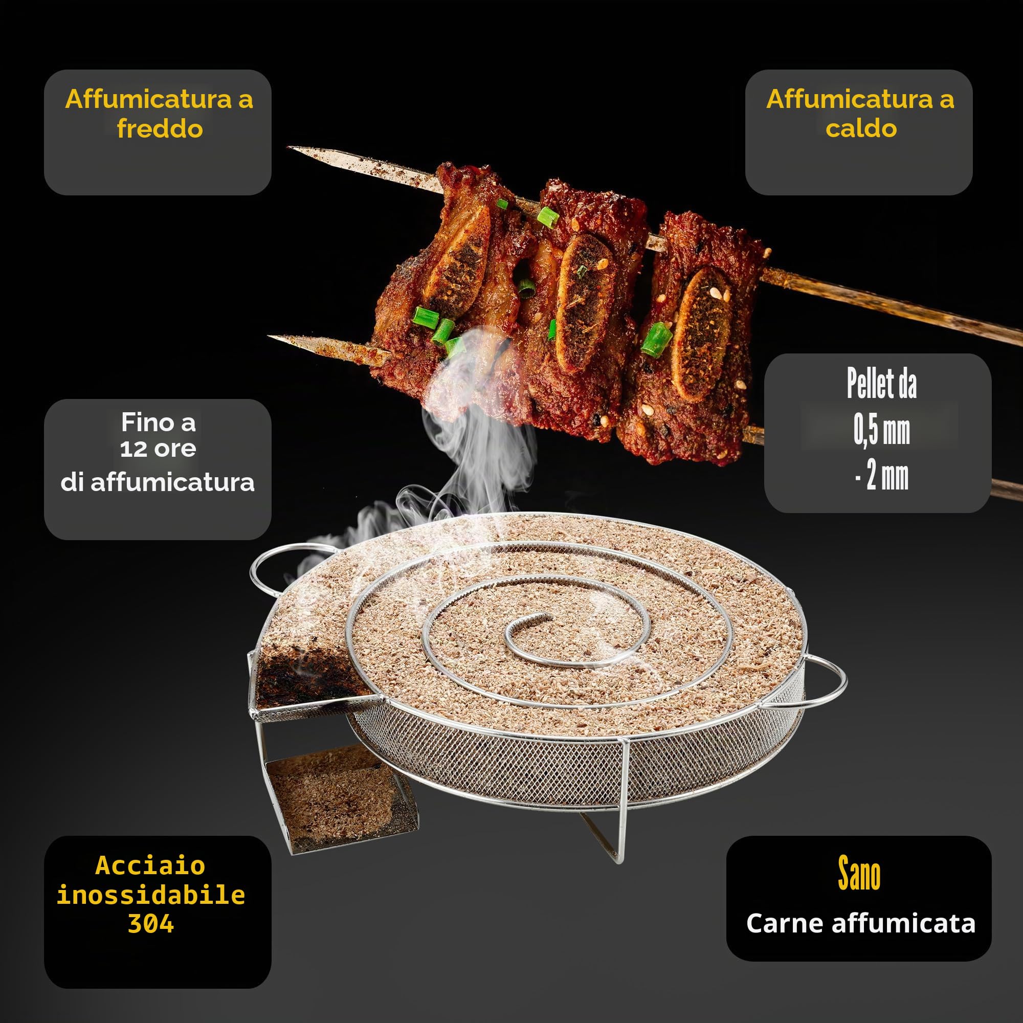 Affumicatore Barbecue Portatile,Generatore Fumo Freddo con Manico,Con 2 Spazzola, 4 Ganci,per griglie, affumicatori e forni per affumicatura, riutilizzabili