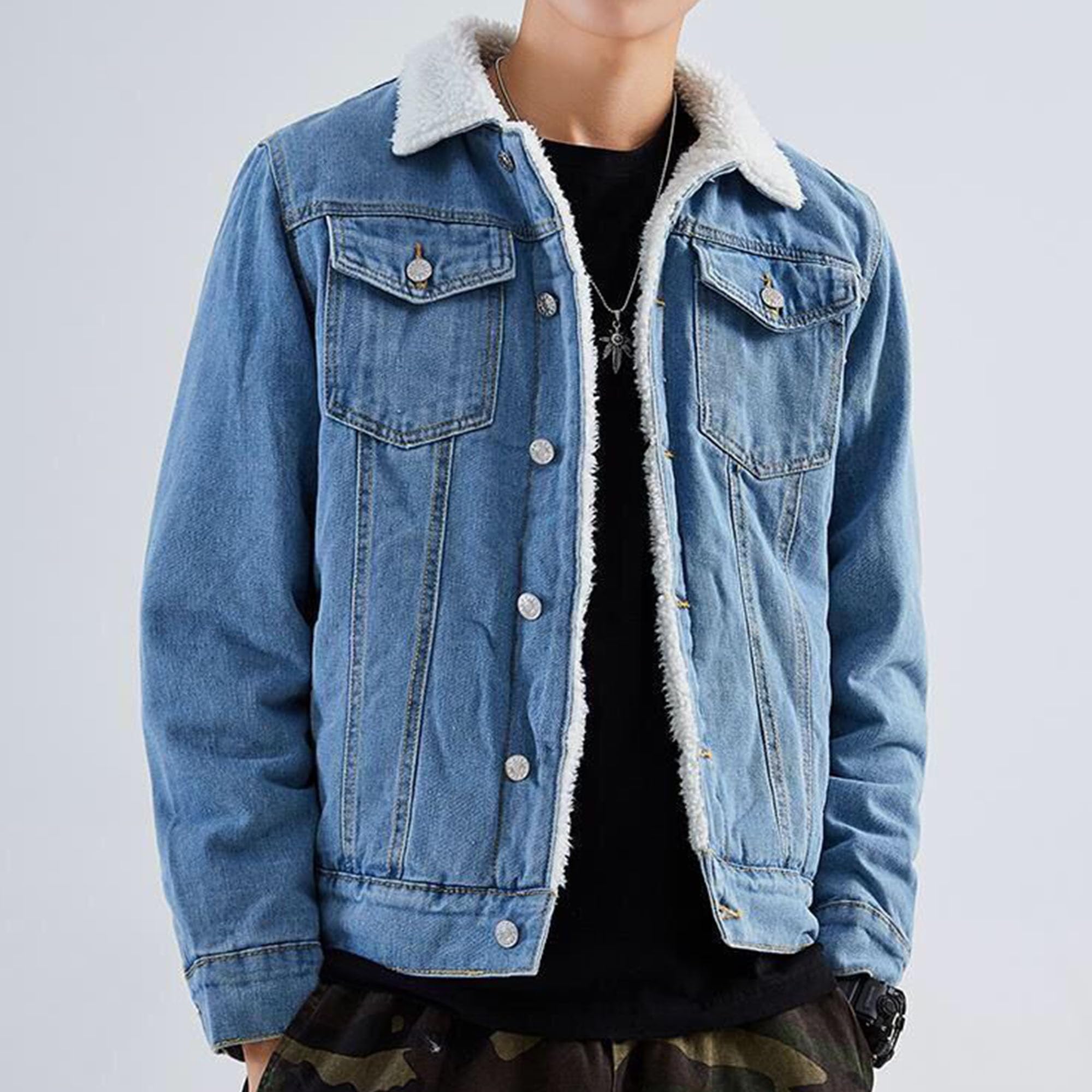 Giacca da camionista foderata in pile Sherpa da uomo in denim | risvolto in pile, bottoni in metallo, giacca lavata completamente foderata con soffice pile sherpa, giacche di jeans calde e