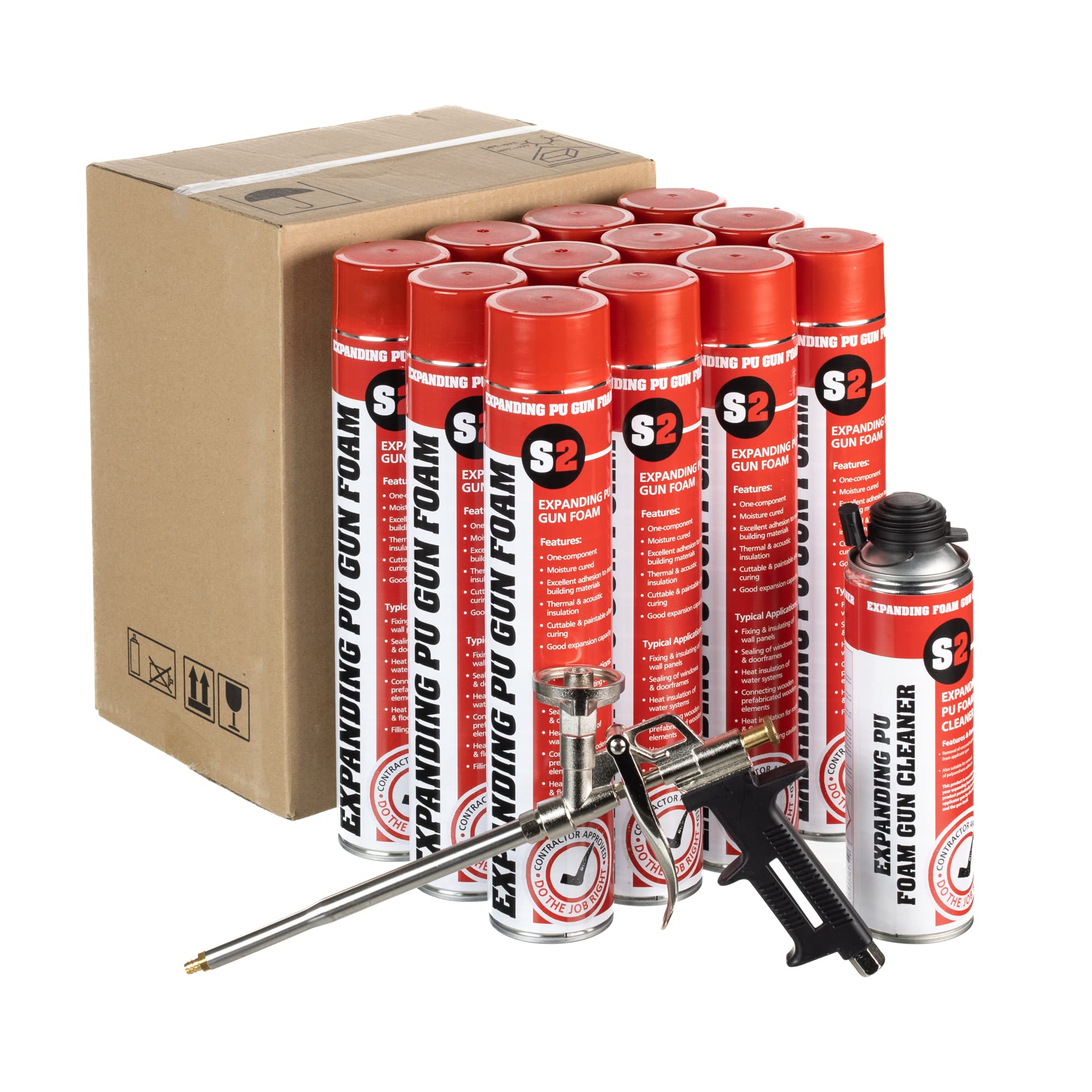 Stick2 One Component Polyurethane Expanding Gun Foam Expanding Foam Filler Exceptional Adhesion for Various Applications Gap Filler - Pack of 12 + 1x Applicator Gun + 1x 500ml Gun Cleaner
