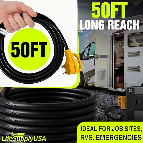 Miniatura 56 de Cable de extensión RV de 50 pies de 50 amperios (14-50P/SS2-50R) con 4 clavijas macho y mango de agarre, hembra con conector de bloqueo giratorio