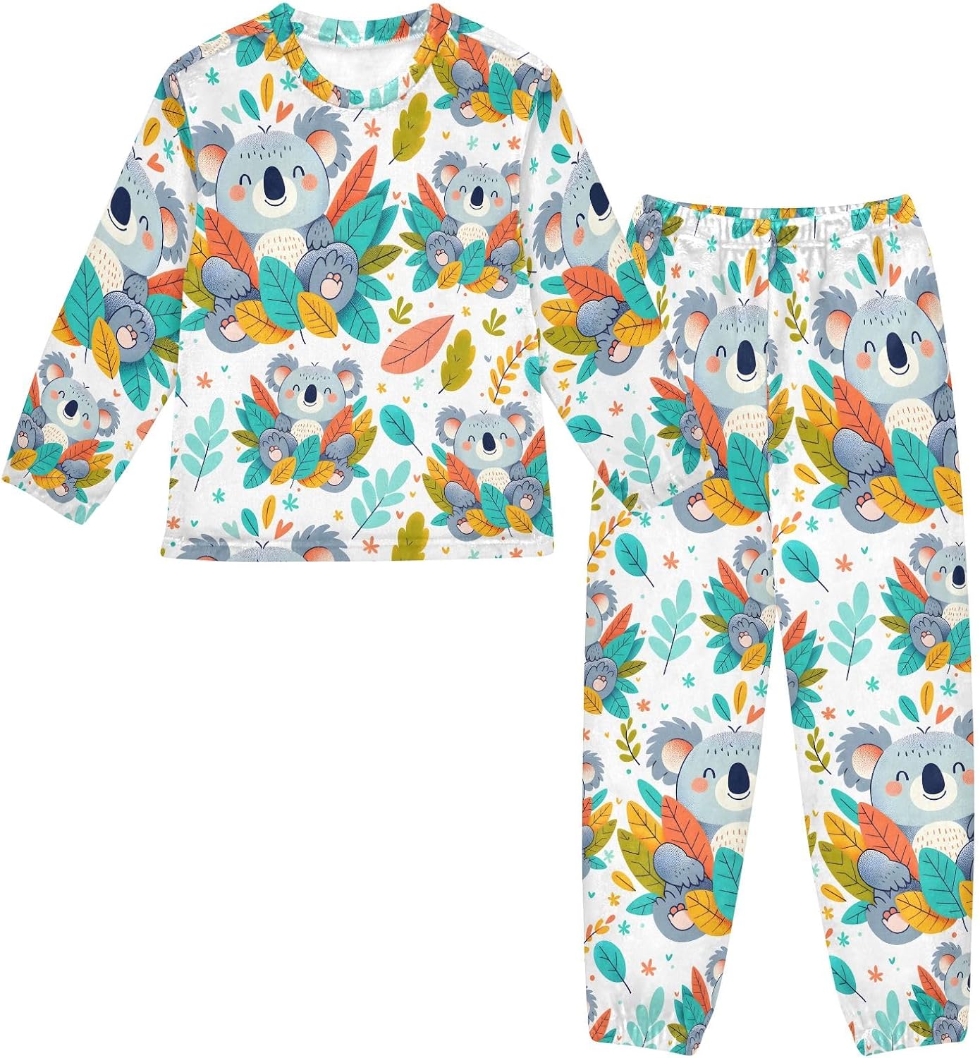 Kids Flannel Sets Koala and Leaves Print Warm Plush Relaxed Clothing for Boys and Girls