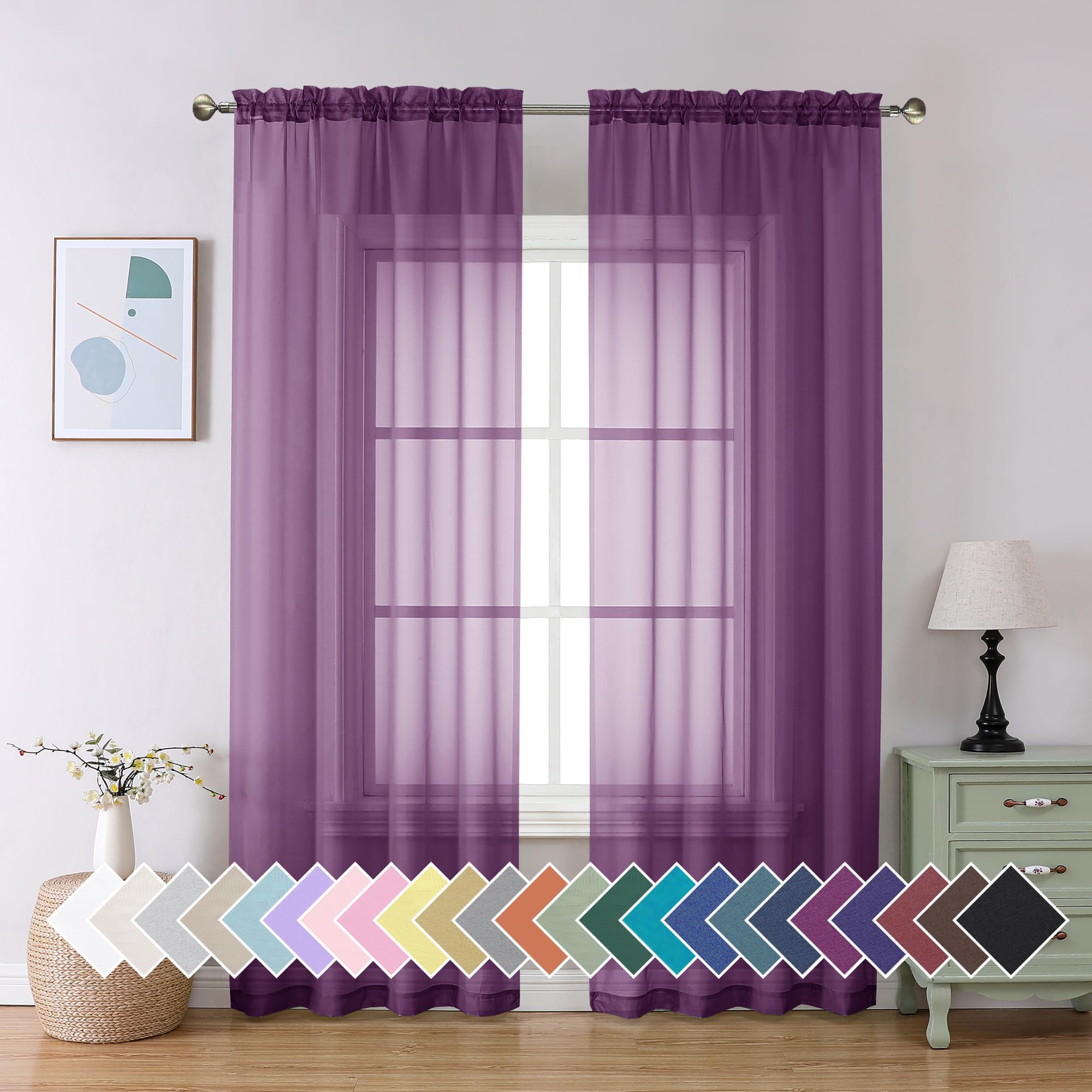 Aiyufeng Plum Purple Sheer Curtains 90 Inches Long 2 Panels, Solid Voile Top Dual Rod Pockets Stylish Breathable Drapes Window Treatment for Kid's Room/Bedroom/Living Room, 42W x 90L inches — image 1