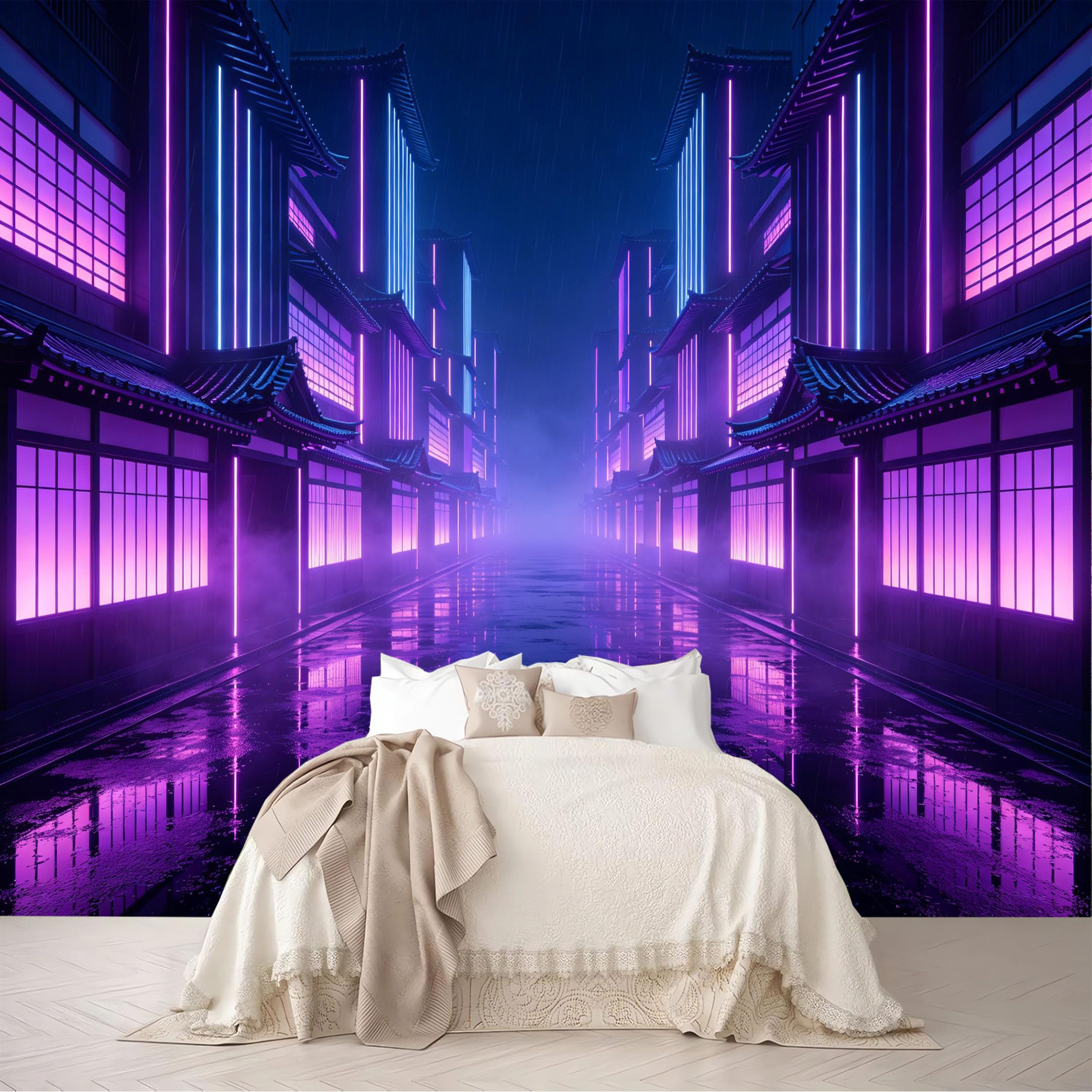 Dskjoviality Ab260706030 Custom Size Wall Mural Neon Purple Rainy Japanese Town Street Reflection View Removable Self Adhesive Peel And Stick Wallpaper For Bedroom Living Room