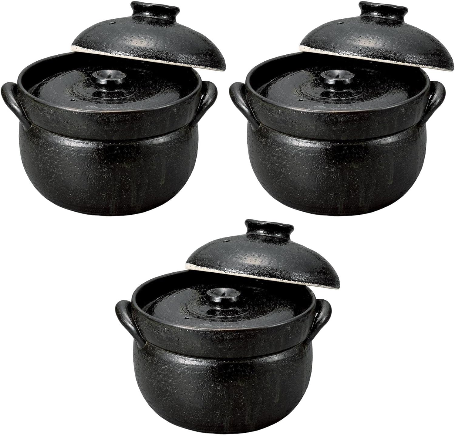 Set of 3 Toshiyuki Black Glazed Rice Pot (4 Cups, 9.8 x 8.3 x 7.1 inches (25 x 21 x 18 cm), Rice Cooker