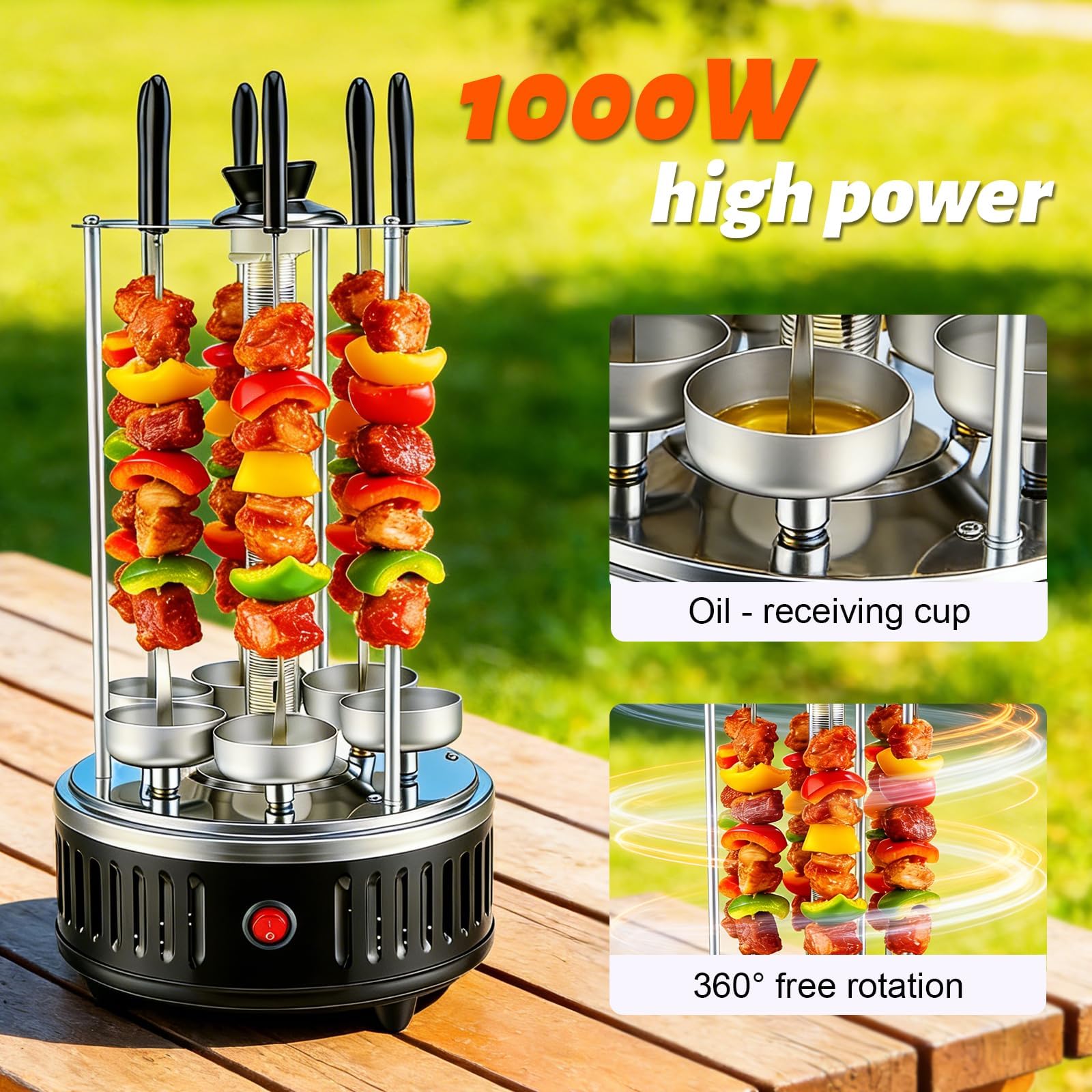 Elektrischer Schaschlikgrill für Balkon und Zuhause,1000W Vertikalgrill mit 12 Spießen & 2 Heizröhren, 500°C, 360° Rotation, Rauchfrei, Ideal als BBQ Tischgrill oder Dönerspieß-Grill, Zuhause, Balkon