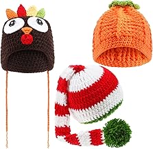 Jiuguva 3 Pieces Baby Crochet Beanie Set, Turkey Hat Pumpkin Beanie and Christmas Long Tail Caps for Unisex Baby Thanksgiving Xmas Halloween Photo Prop