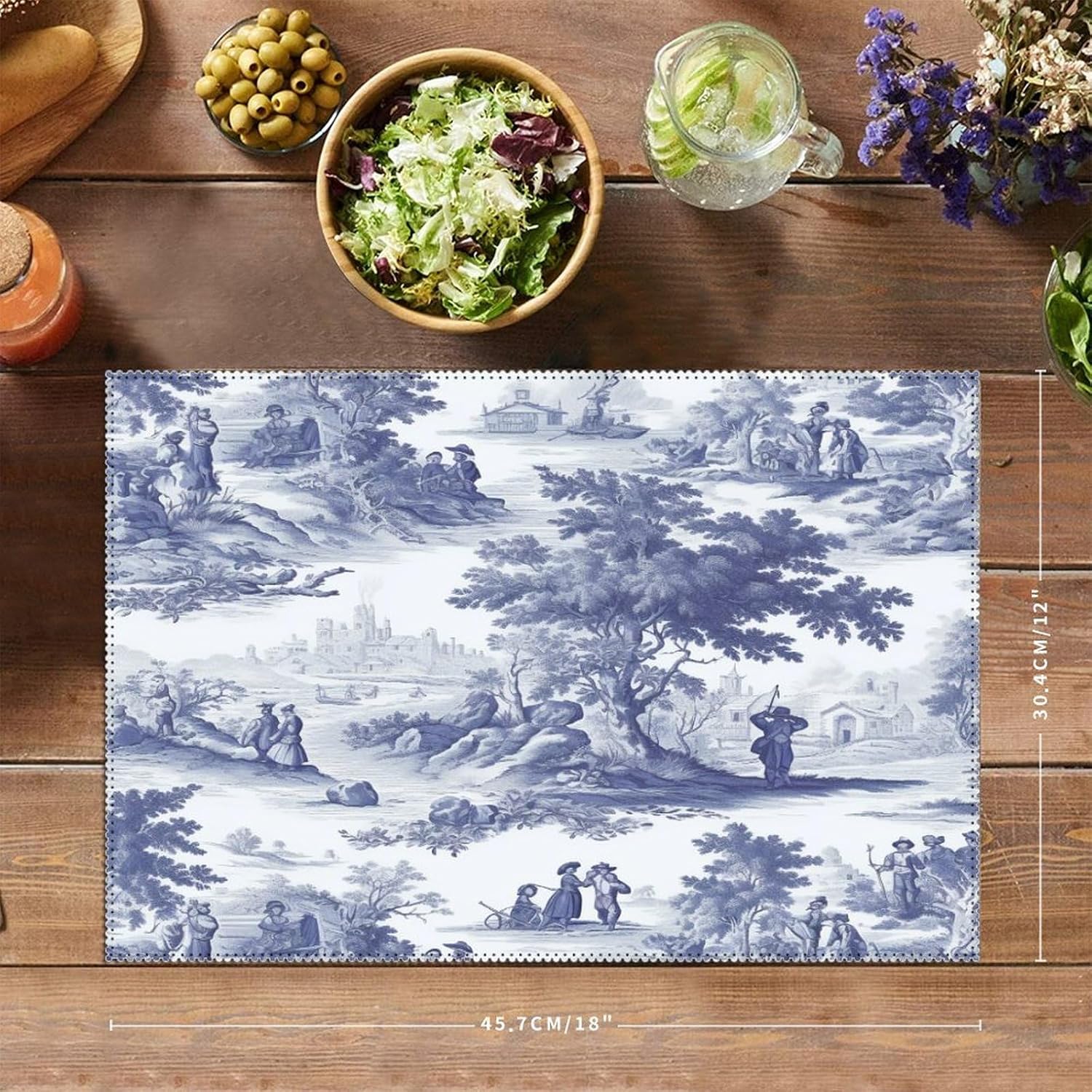 Chinoiserie Decorative Toile Print Place Mats Navy Blue and White Asian Non-Slip Spring Placemats Set of 6 Vintage Rustic Dinner Mat Decor for Restaurant Kitchen Dining Table Decoration