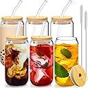 SENTVEND 16 Oz Drinking Glasses with Bamboo Lids and Glass Straw - 6 Pcs Glass Cups Beer Ice Coffee Glasses Cute Aesthetic Cup Great for Coffee Bar Accessories Include 2 Cleaning Brushes