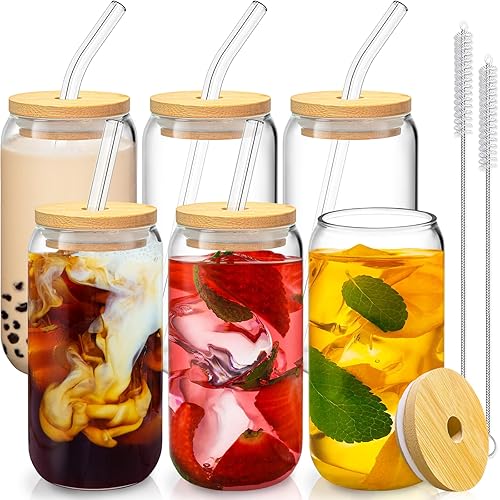 16 Oz Drinking Glasses with Bamboo Lids and Glass Straw