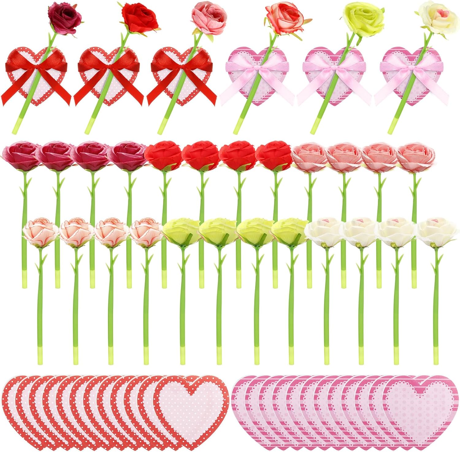 Ctosree 48 Pcs Mother's Day Artificial Rose Pens with Notepad Set 24 Heart Sticky Notes & 24 Mixed Rose Flower Pens with Ribbon, Office Stationery Set for Teacher Appreciation, Nurses Week