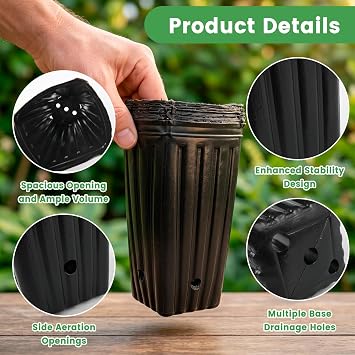 Plastic Deep Nursery Pot, Pack of 20 Tall 11.8 Inch Pots with Drainage Holes for Outdoor Indoor Plants, Seedlings, Trees, Flowers - Black
