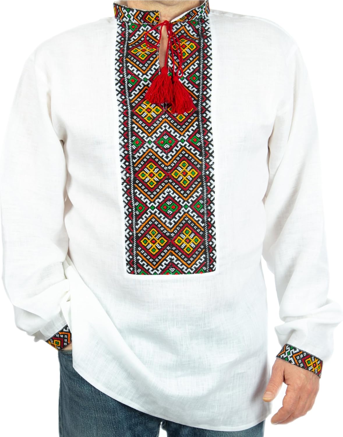 Rushnichok Ukrainian Vyshyvanka Mens Shirt Handmade Embroidered Beige Linen Satin Stitch Pattern