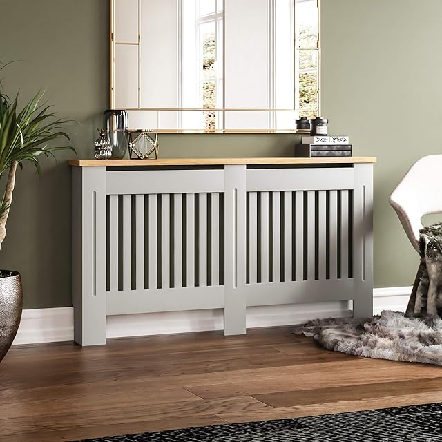 Vida Designs Arlington Radiator Cover Grey Modern Painted MDF Cabinet, Slats, Grill, Wood Top Shelf, Large