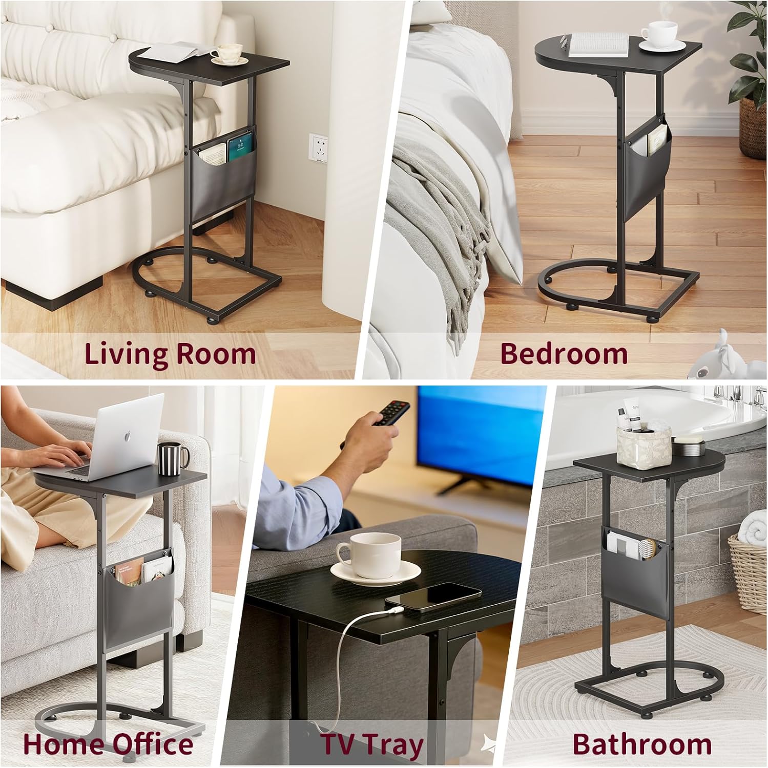 C Shaped End Table, Small Side Table for Couch, C Table for Sofa with Storage Bag that Slide Under, TV Tray Tables for Recliner Living Room Bedside Bedroom Small Spaces Black