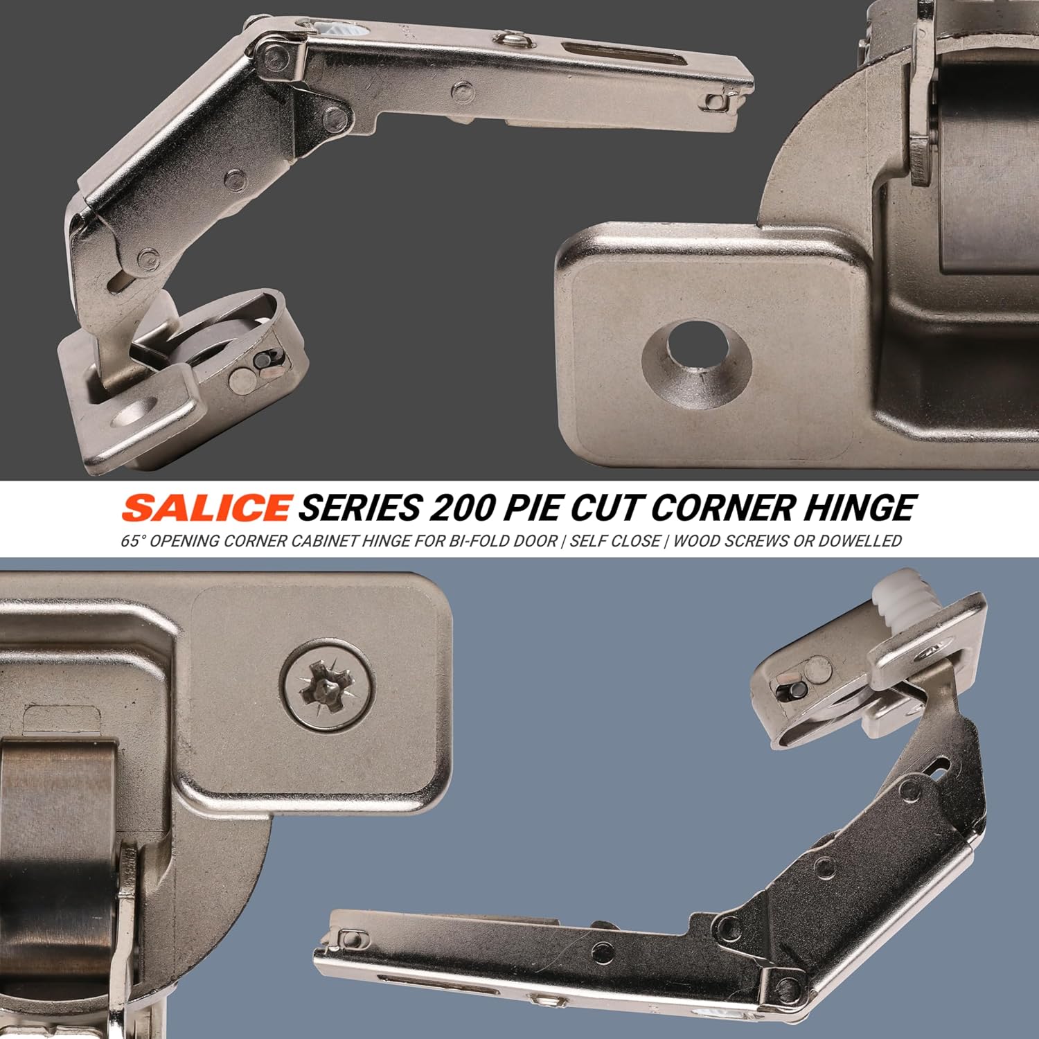 10 Pack Salice Pie Cut Lazy Susan Corner Hinge, 65 Degree Opening for Kitchen Cabinet Bi-fold Door, Self Close, Dowelled, Nickel-Plated 200 Series, SAC2RYA99R