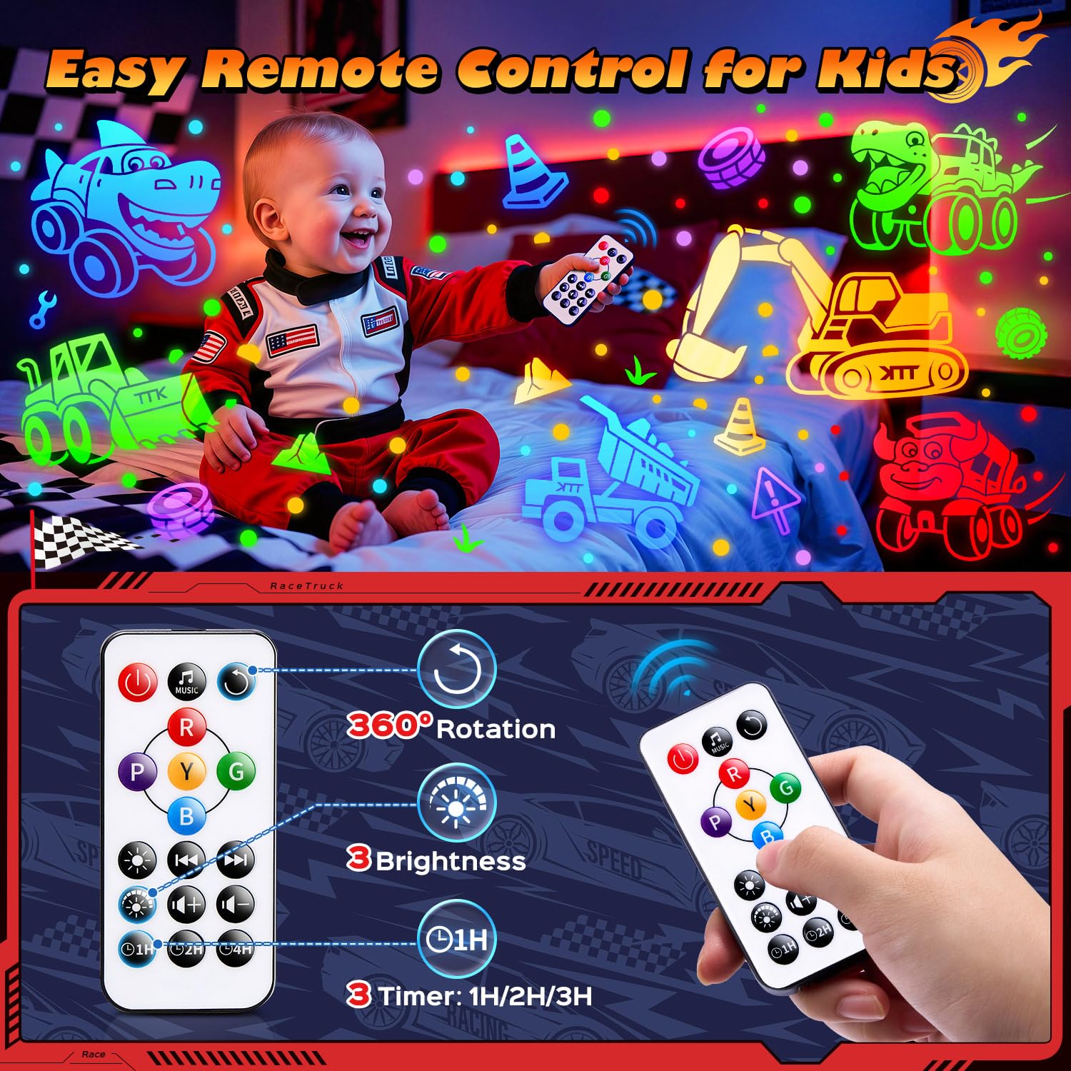 PIKOY Giocattoli per auto giocattolo | Film 6HD+15 suoni+31 colori+telecomando+rotazione a 360° | Auto per bambini 1-3 auto giocattolo per ragazzi età 4-7 anni dinosauro uovo luce per asilo nido