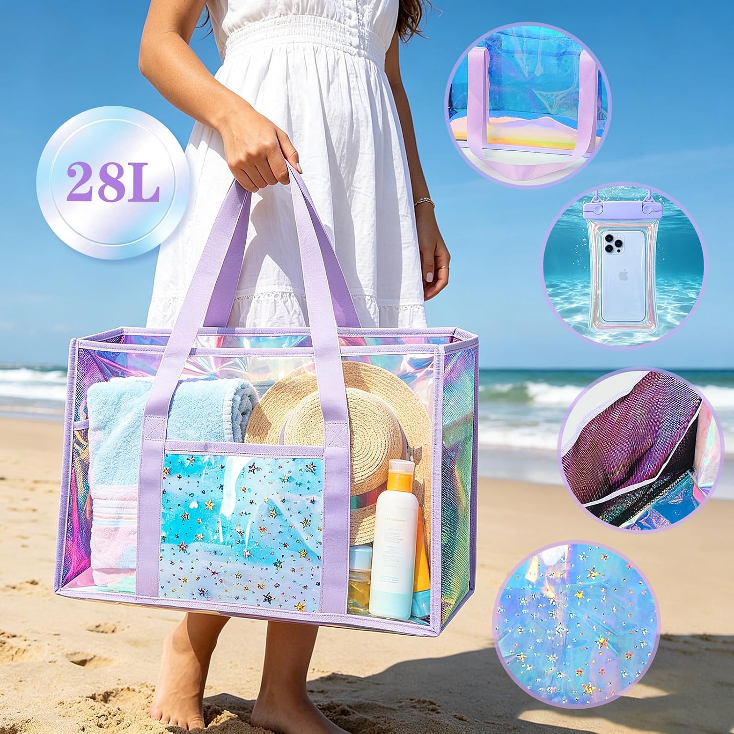 Clear Beach Tote Bag, Large Holographic Waterproof Beach Bag with Waterproof Phone Pouch, Sandproof Foldable Pool Tote Bag for Women Girls, Summer Tote for Beach Pool Travel Cruise Vacation