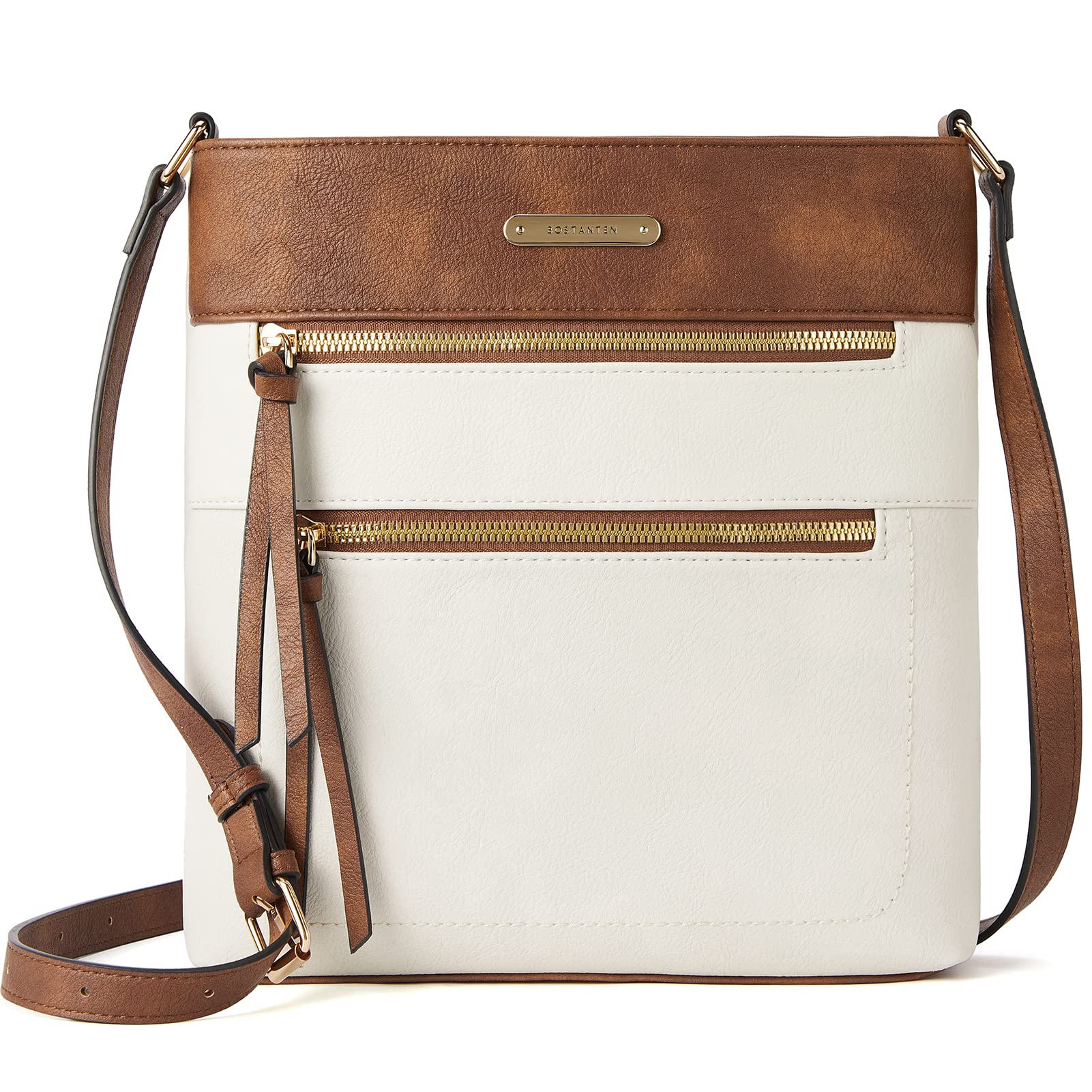 BOSTANTEN Crossbody Bags for Women Trendy Vegan Leather Purse Designer Shoulder Handbags with Adjustable Strap Zipper Pocket Beige with Brown