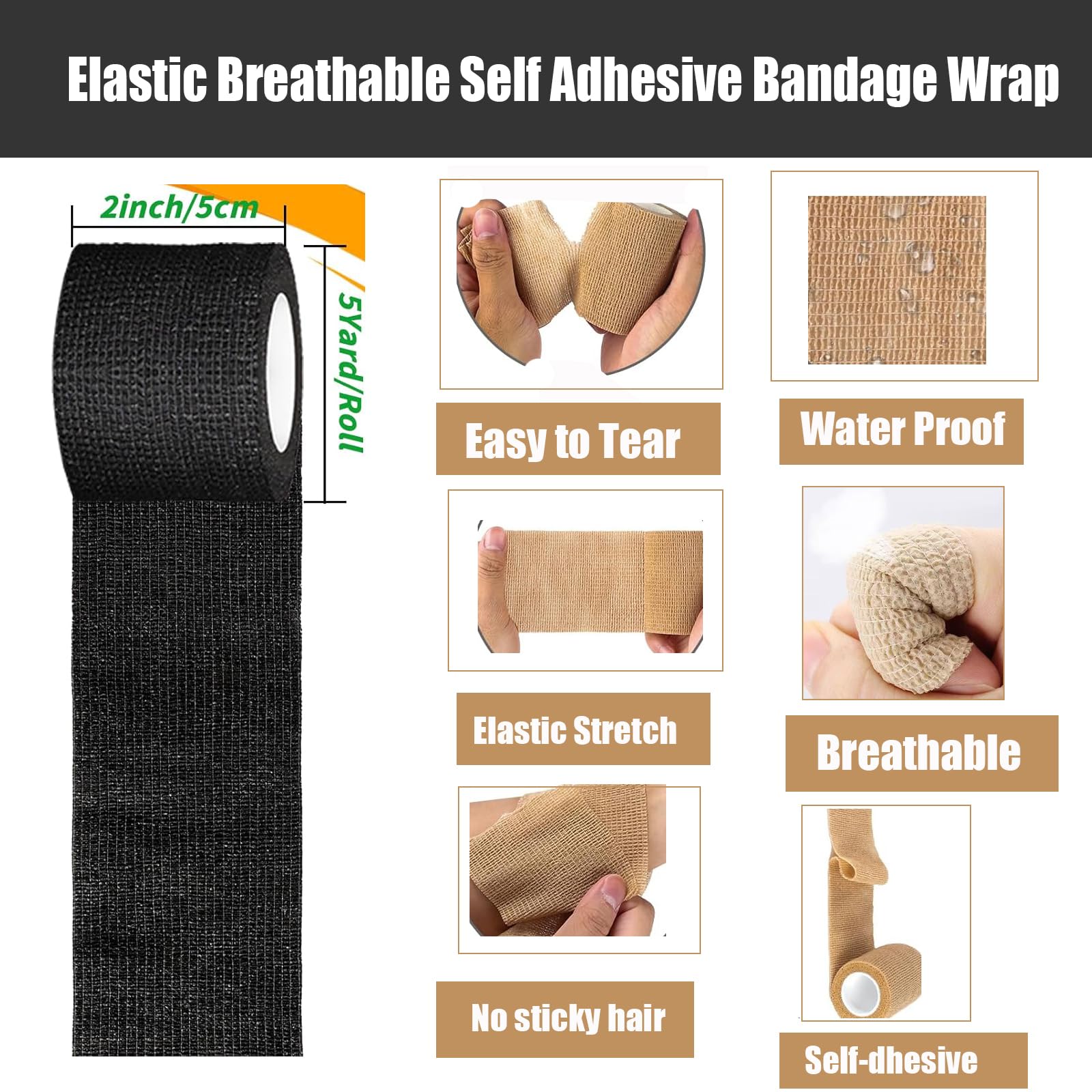 Selbstklebender Verband,Cohesive Bandage 108 Rollen x 5cm x 4,5m Pflaster Rolle Verbandsmaterial, Elastische Binde Bandage Fixierbinde Haftbandage Selbstklebend für Sport,Handgelenk Vet Wrap (schwarz)