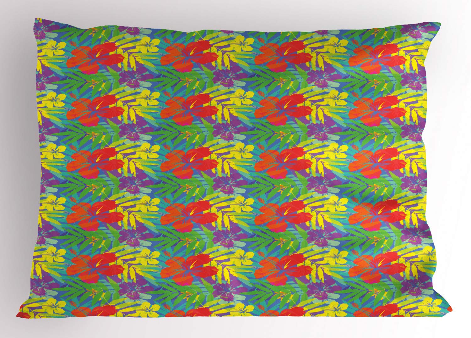 Ambesonne Aloha Pillow Sham, Double Exposure Vivid Colored Foliage Pattern Polynesian Hawaiian Rainforest Leaves, Decorative Standard King Size Printed Pillowcase, 36