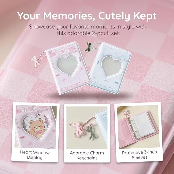 Photocard Binder 2 Pack, Bow & Cat Design Mini Kpop Album for Collectors