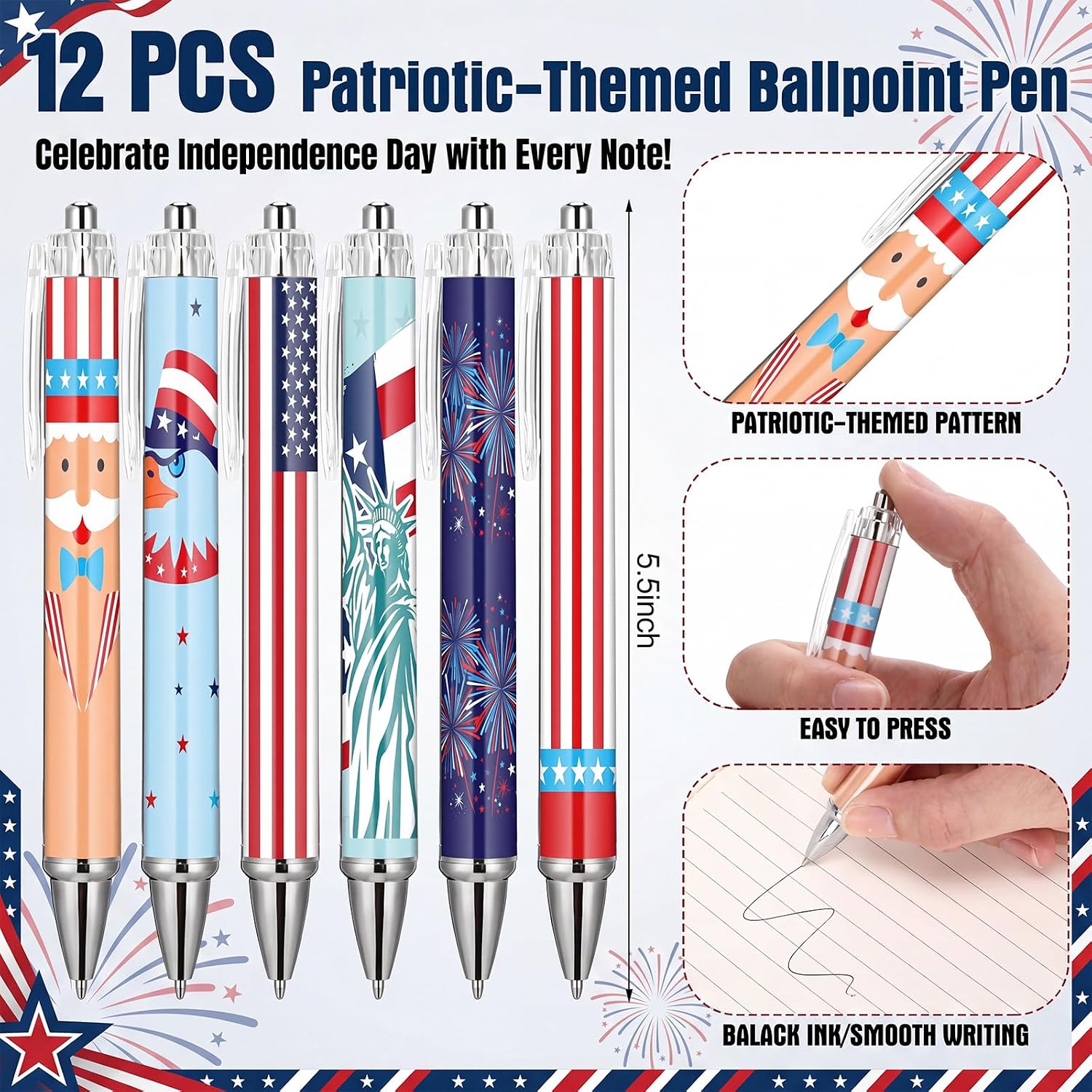 Skylety 36 Pcs 4th of July Party Favor Gifts Bulk 16oz Patriotic Plastic Coffee Cups with Lid Red White Blue Cup Sticky Note USA Flag Ballpoint Pen for 250th Anniversary Independence Day Memorial Day