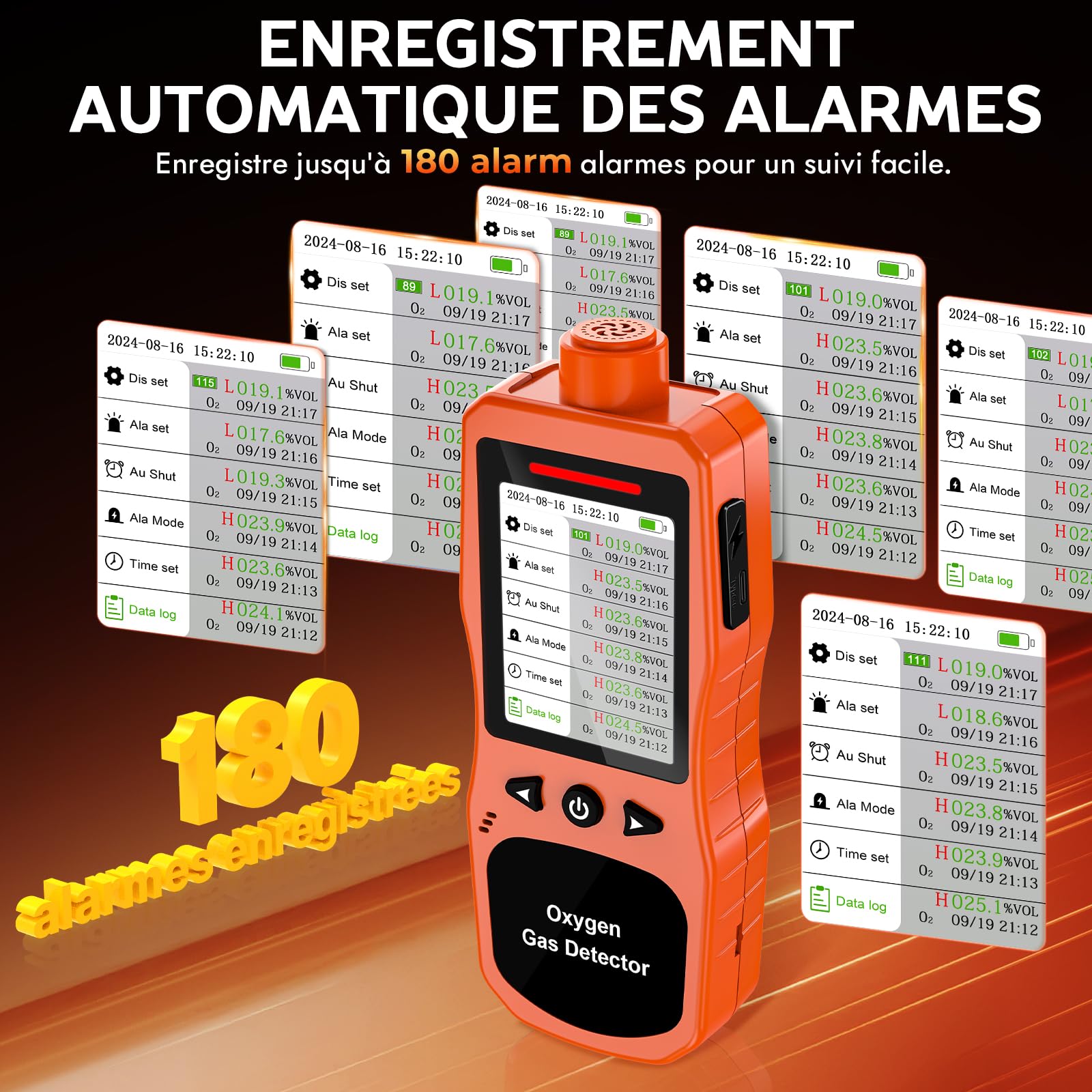 Détecteur d’Oxygène Portatif, Moniteur O2 Rechargeable avec Alarmes Sonores, Lumineuses et Vibrantes, Analyseur de Qualité de l’Air Oxygène Mesurant la Température et l’Humidité