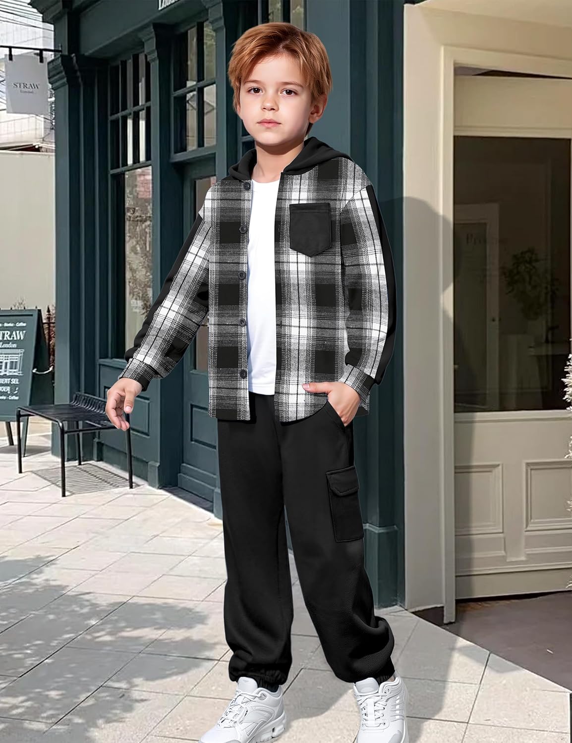 Toddler Boy Clothes Plaid Button Down Long Sleeve Hooded Shirt Tops Pants with Pockets 2Pcs Fall Winter Outfits 3-8Y - Image 2