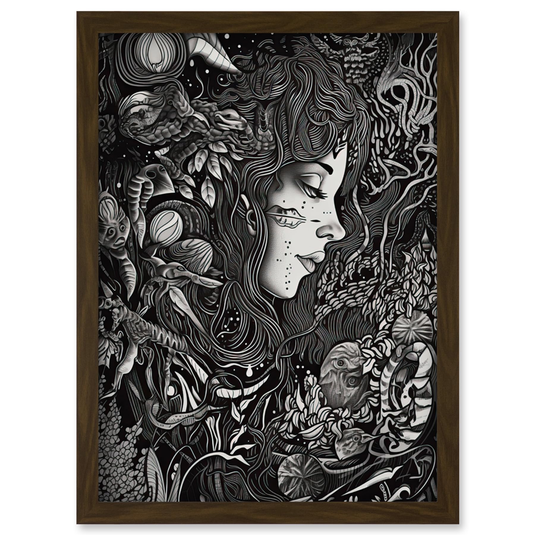 Nature Goddess Black and White Modern Illustration Framed Art Picture Print A4
