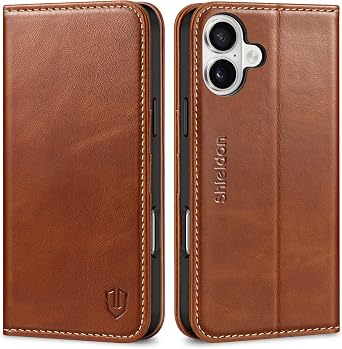 SHIELDON Genuine Leather Case Wallet for iPhone 16 Plus 6.7", Retro Brown | Genuine Leather, Folio Magnetic Closure, RFID Blocking, Credit Card Holder, Kickstand, Soft Shock Absorbing Protective Cover