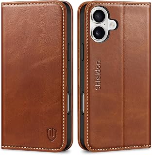 SHIELDON Genuine Leather Case Wallet for iPhone 16 Plus 6.7", Retro Brown