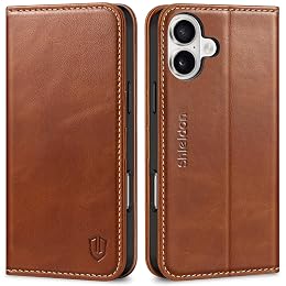SHIELDON Case for iPhone 16 Plus 5G, Genuine Leather Wallet Foldable Magnetic Cover RFID Blocking Card Holder Kickstand Drop Protection Phone Case Compatible with iPhone 16 Plus 6.7" - Retro Brown