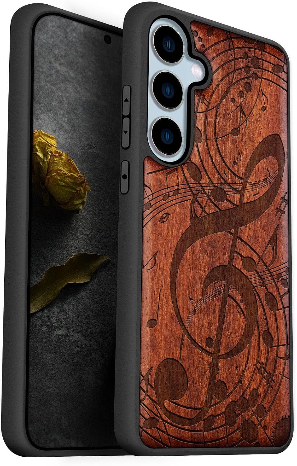 Carveit Wood Case for Galaxy S24 FE Case [Natural Wood & Black Soft TPU] Shockproof Protective Cover Unique Wooden Design Compatible with S24 FE (Musical Notes-Rosy)