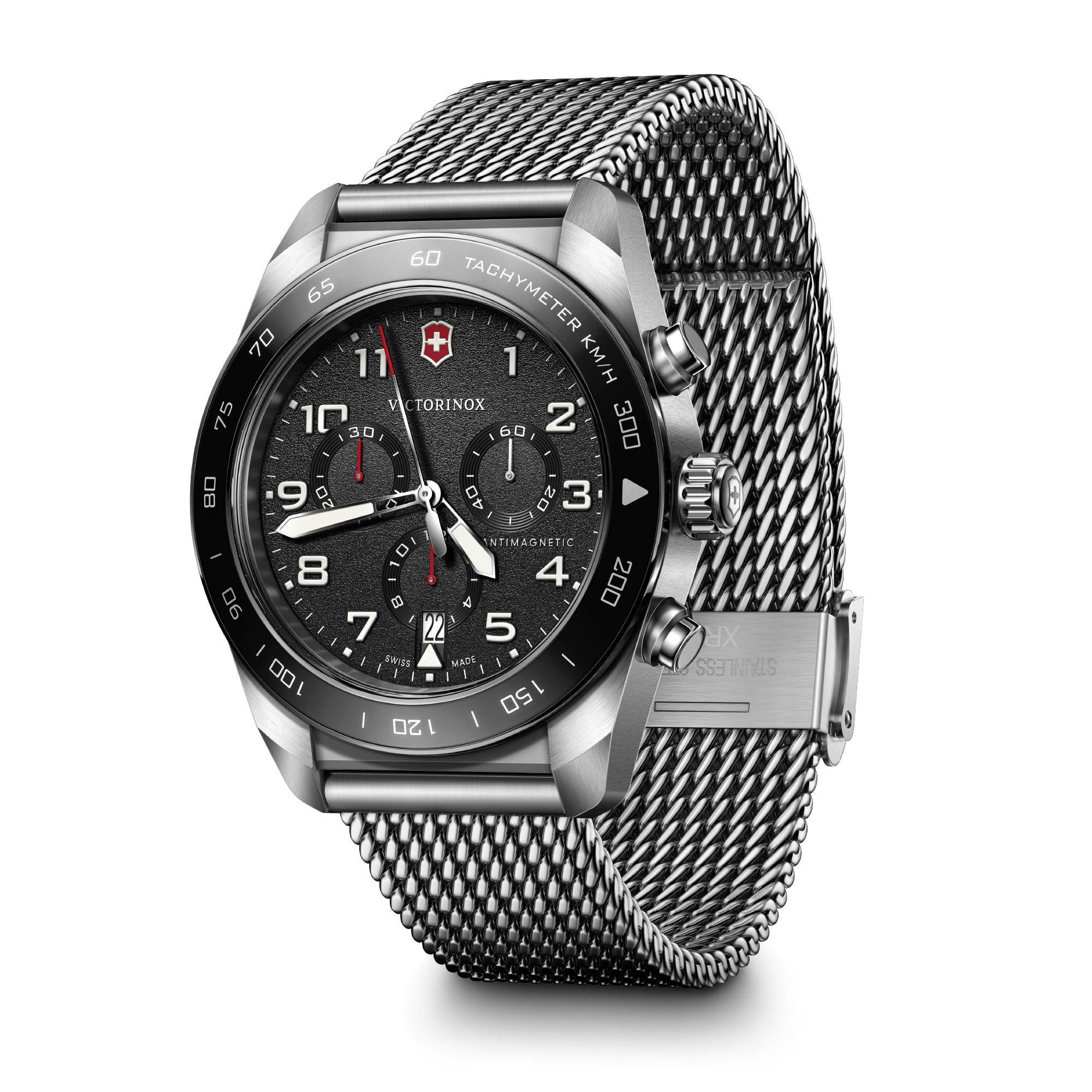 Victorinox Swiss Army Chronograph Black Dial Mesh Stainless Steel Watch 42mm - 242048