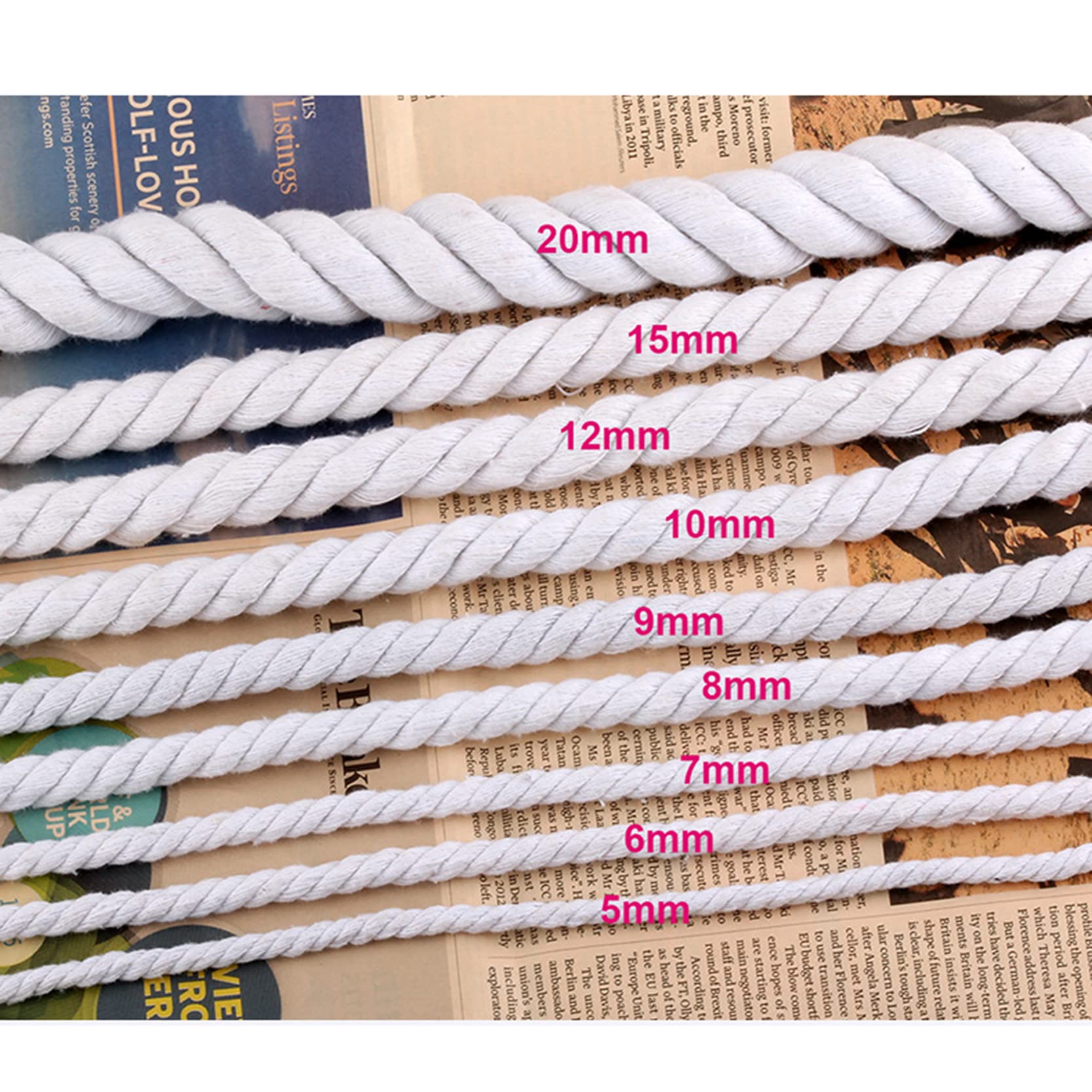 Cuerda de macramé de 65 pies 20 m, cuerda de algodón natural suave torcida de 3 hilos de diámetro 10 12 15 20 mm, cuerda de algodón gruesa para macramé, tejido de bricolaje, manualidades,