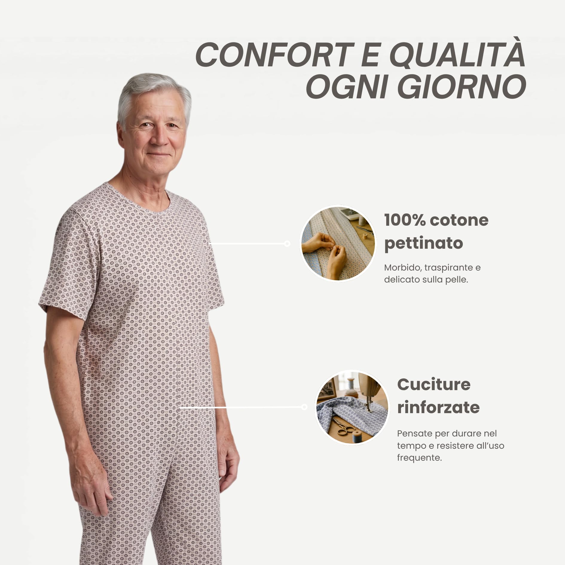 Pyjama intégral médical été unisexe – Grenouillère adulte coton 100% à manches et jambes courtes – Pyjama dos zip seniors – Vêtements gériatriques Made in Italy