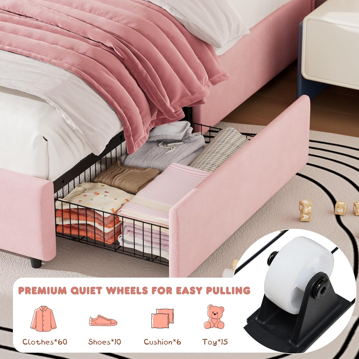 Twin Size Bed Frame for Kids - with 2 Storage Drawers, Cute Velvet Princess Platform Bed with Upholstered Headboard for Girls/Boys, Solid Wood Slats Support, No Box Spring Needed, Easy Assembly, Pink