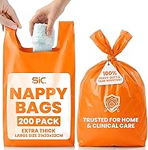 SiC Adult Nappy Bags - 200 Pack, Extra Thick 20 Micron Disposal Sacks, Large for Incontinence Pads & Pull-Ups, Heavy Duty Sanitary Disposal Bags with Easy Tie Handles - Orange