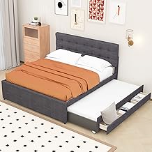 Quilted Linen Double Bed 140 x 200 cm Family Bed Extendable with Three Drawers Adjustable Headboard (Grey)