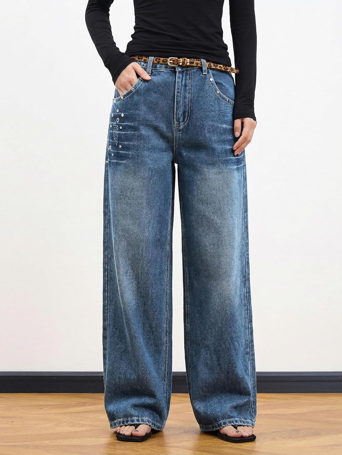 EMMIOL 2026 Women’s Mid High Waisted Wide Leg Jeans Rivet Y2K Baggy Jeans Trendy Loose Straight Denim Pants with Pockets - Image 2