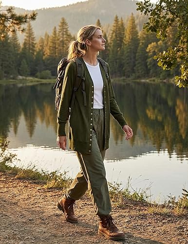 Miniatura 5 de MEROKEETY - Cárdigans de manga larga con botón de presión, para mujer, color liso, con escote en punto elástico