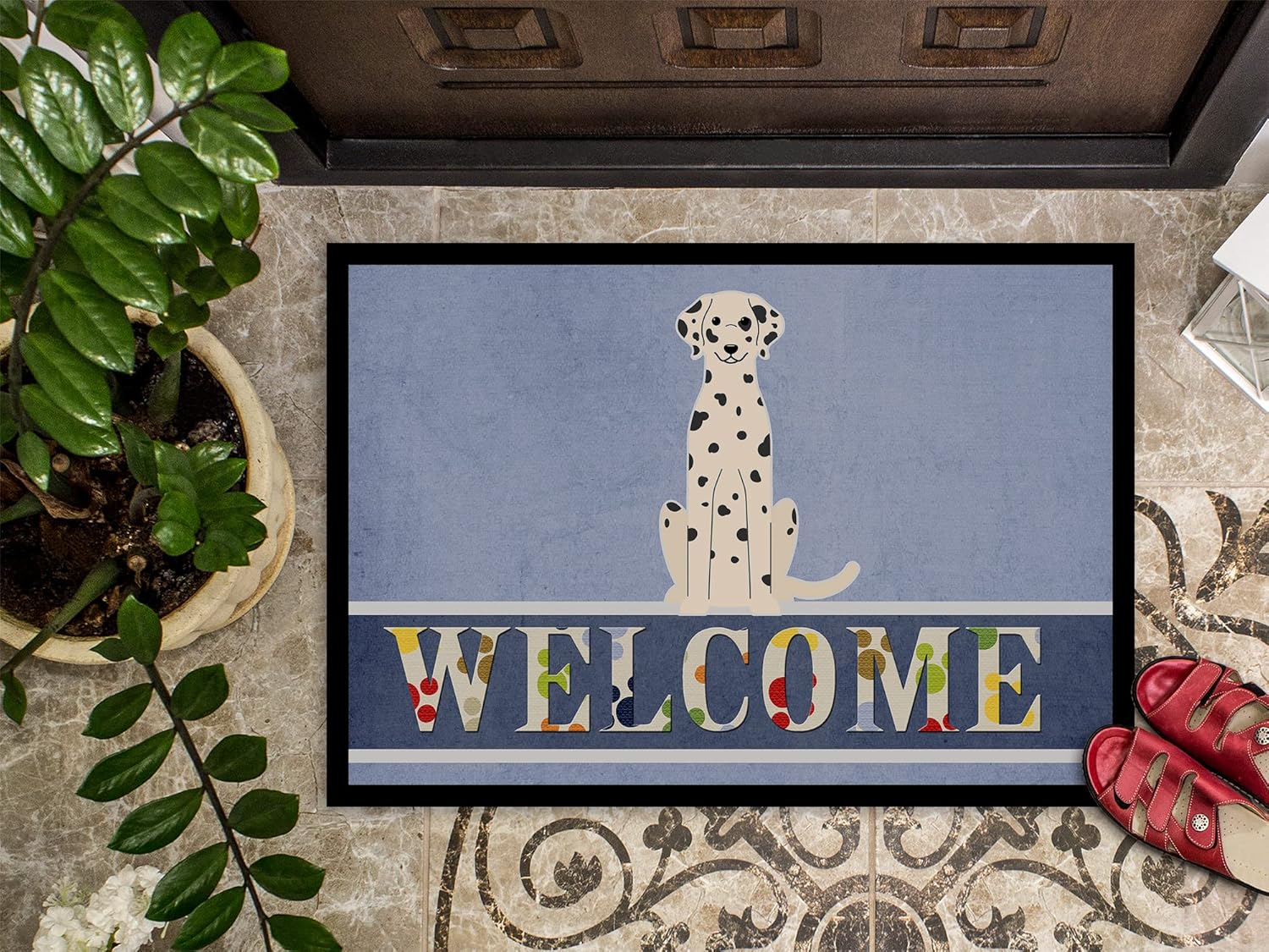 Caroline's Treasures BB5678MAT Dalmatian Welcome Doormat 18x27 Front Door Mat Indoor Outdoor Rugs for Entryway, Non Slip Washable Low Pile, 18H X 27W