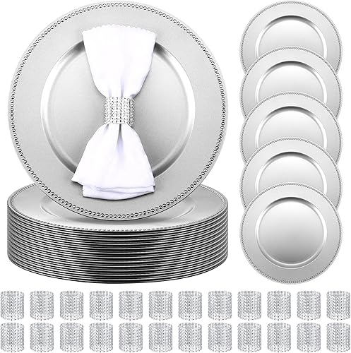 Miniatura 7 de Juego de 48 platos de carga a granel, 24 cargadores de platos de plástico y 24 servilleteros, cargadores redondos de 13 pulgadas para mesa de boda,